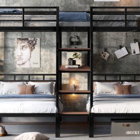 Metal Queen Over Twin Over Twin Bunk Bed With Storage Shelves And Storage Stairs