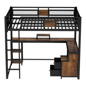 Metal Queen Loft Bed With Desk, Storage Non-woven Fabric Drawers, Ladders