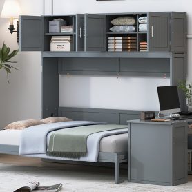 Queen Size Wall Murphy Bed With Desk And Storage Shelves And Big Cabinets