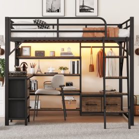 Queen Size Loft Bed with Desk and LED, Metal Loft Bed with Storage Shelves
