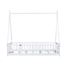 Full Size Rubber Wood Tent-shaped Floor Bed with Guardrails, Slats And Door