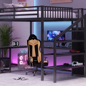 Metal Queen Size Loft Bed With L-Shaped Desk, USB, Wardrobe And LED Light