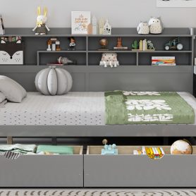 Wooden Full Size Daybed With Storage Shelves, Two Storage Drawers and Study Desk