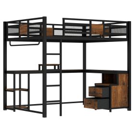Metal Queen Loft Bed With Desk, Storage Non-woven Fabric Drawers, Ladders
