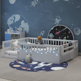 Full Montessori Floor Bed Frame With High Rails, Light And Storage Shelf