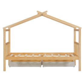 Twin Size Wooden House Bed with Drawers
