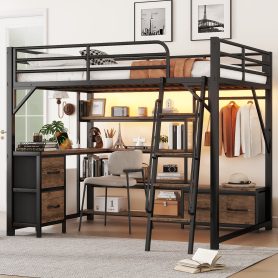 Queen Size Loft Bed with Desk and LED, Metal Loft Bed with Storage Shelves