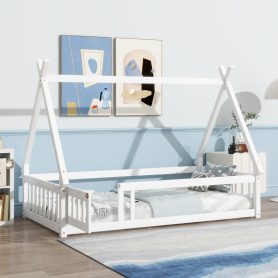 Twin Tent-shaped Floor Bed, Teepee Bed with Guardrails, Slats and Door