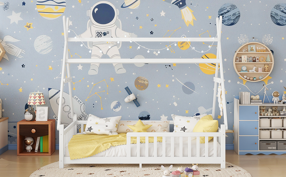 Low Floor Twin House Bed With Light, Fence And Roof 9 Low Floor Twin House Bed With Light, Fence And Roof