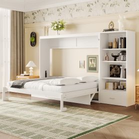 Queen Murphy Bed with Height Adjustable Storage Compartments and Shelf