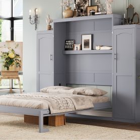 Queen Size Murphy Bed with 2 Wardrobe and Storage Shelf,