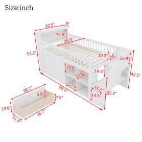 Wood Low Twin Size Loft Bed With LED, Bookshelf, Stairs, Storage Drawers And Shelves