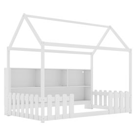 Wood Twin Size House Bed With LED Light, Storage Bookshelf, and Guardrails