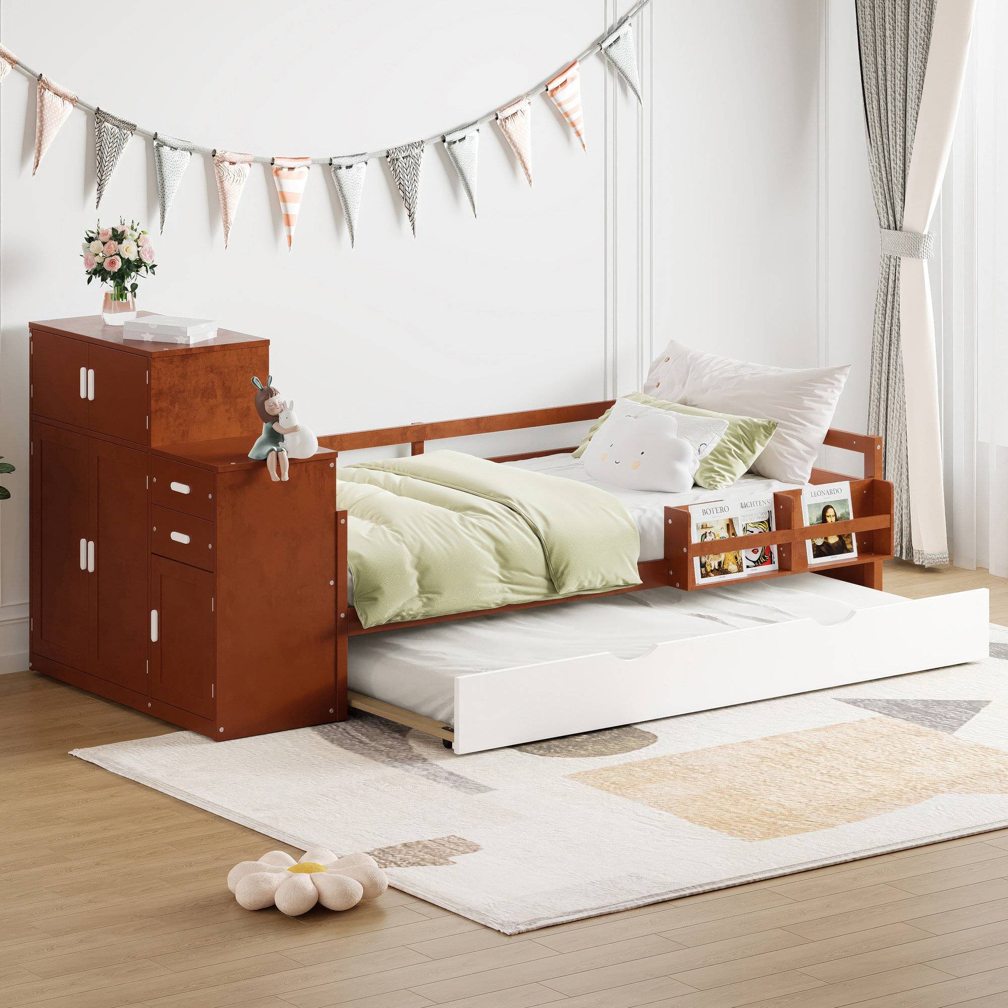 Twin Size Wood Platform Bed With Sample Bookshelf And Movable Wardrobe, Built-in Trundle Bed