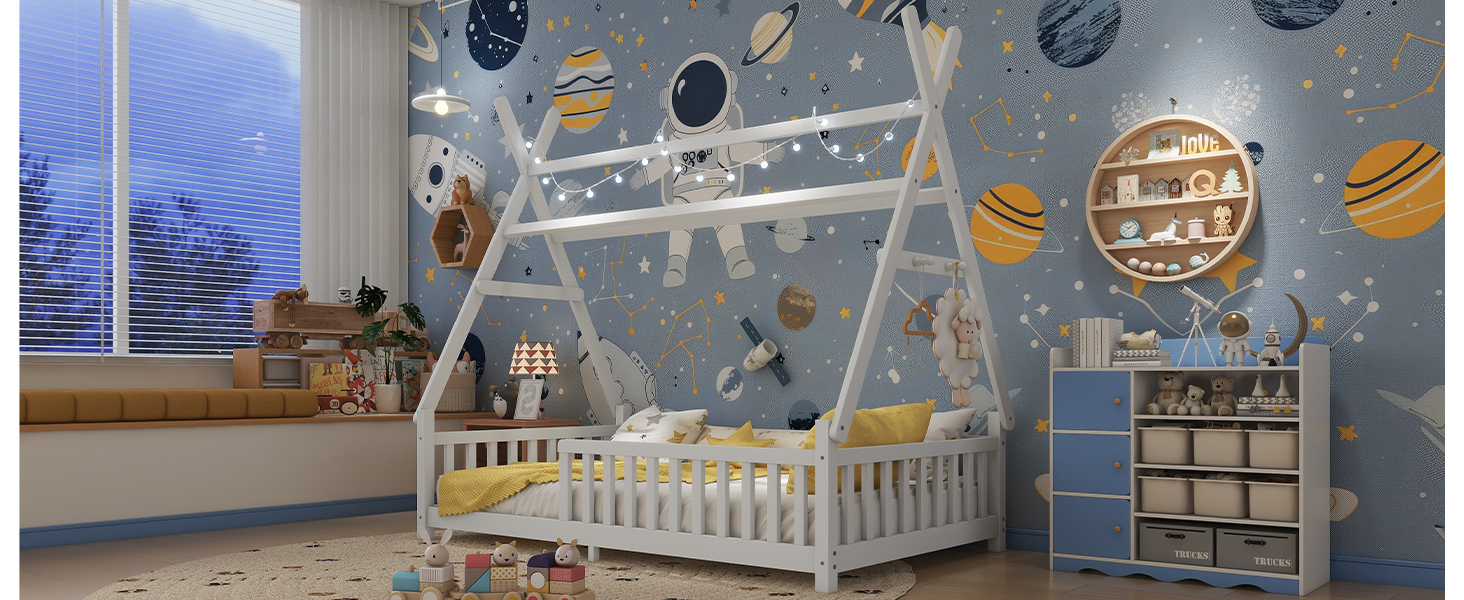 Low Floor Twin House Bed With Light, Fence And Roof 20 Low Floor Twin House Bed With Light, Fence And Roof