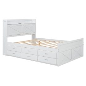 Full Size Wooden Bed With Storage Headboard With Outlets,  Twin Size Trundle With Three Storage Drawers
