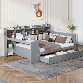 Full Size Wooden Daybed With 3 Drawers, USB Ports and Desk