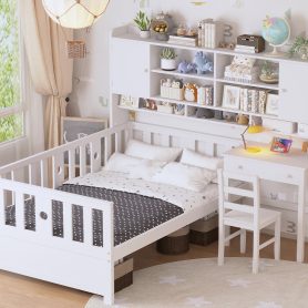 Twin Size Multifunctional Wood Platform Bed With Bookshelf At The Head Of The Bed, Built-in Desk and Matching Chair