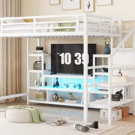 Full Size Metal Loft Bed With Tv Cabinet, Staircase And Wardrobe