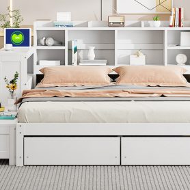 Full Size Wooden Platform Bed With Multi-functional Storage Space, Nightstand, 2 Drawers, Usb Ports And Desk