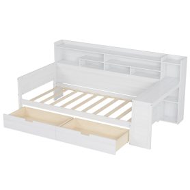 Wooden Twin Size Daybed with Storage Shelves, Two Storage Drawers And Study Desk