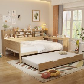 Wooden Full Size Daybed With Storage Shelves, Trundle Bed And Study Desk 23 Wooden Full Size Daybed With Storage Shelves, Trundle Bed And Study Desk