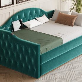 Twin Size Tufted Upholstered Daybed With Trundle, USB & Type-c Charging Ports