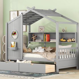 Wood Twin Size House Bed With 2 Drawers and Storage Shelf