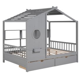 Wooden Full Size House Bed With 2 Drawers and Storage Shelf