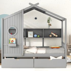Wooden Full Size House Bed With 2 Drawers and Storage Shelf