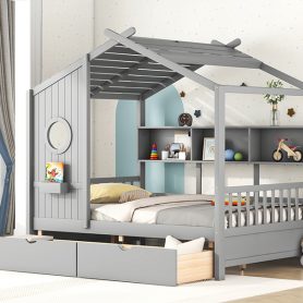Wooden Full Size House Bed With 2 Drawers and Storage Shelf