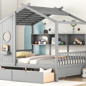 Wooden Full Size House Bed With 2 Drawers and Storage Shelf