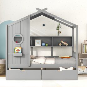 Wooden Full Size House Bed With 2 Drawers and Storage Shelf