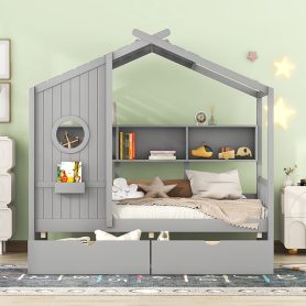 Wood Twin Size House Bed With 2 Drawers and Storage Shelf