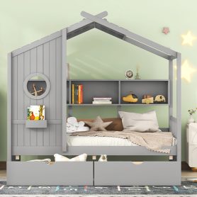 Wood Twin Size House Bed With 2 Drawers and Storage Shelf