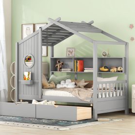 Wood Twin Size House Bed With 2 Drawers and Storage Shelf