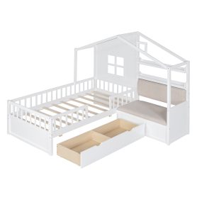 Twin House Bed With Sofa, Two Drawers and Storage Shelf