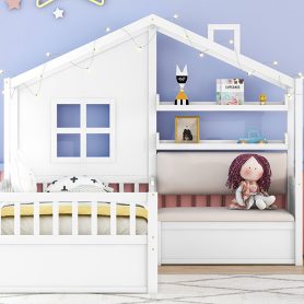 Twin Size House Bed With Sofa, Two Drawers and Storage Shelf