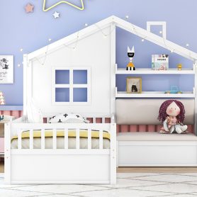 Twin Size House Bed With Sofa, Two Drawers and Storage Shelf