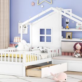 Twin Size House Bed With Sofa, Two Drawers and Storage Shelf