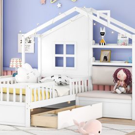 Twin House Bed With Sofa, Two Drawers and Storage Shelf