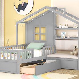Twin House Bed With Sofa, Two Drawers and Storage Shelf