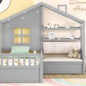 Twin House Bed With Sofa, Two Drawers and Storage Shelf