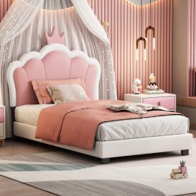 Twin Size Upholstered Princess Bed With Crown Headboard 16 Twin Size Upholstered Princess Bed With Crown Headboard