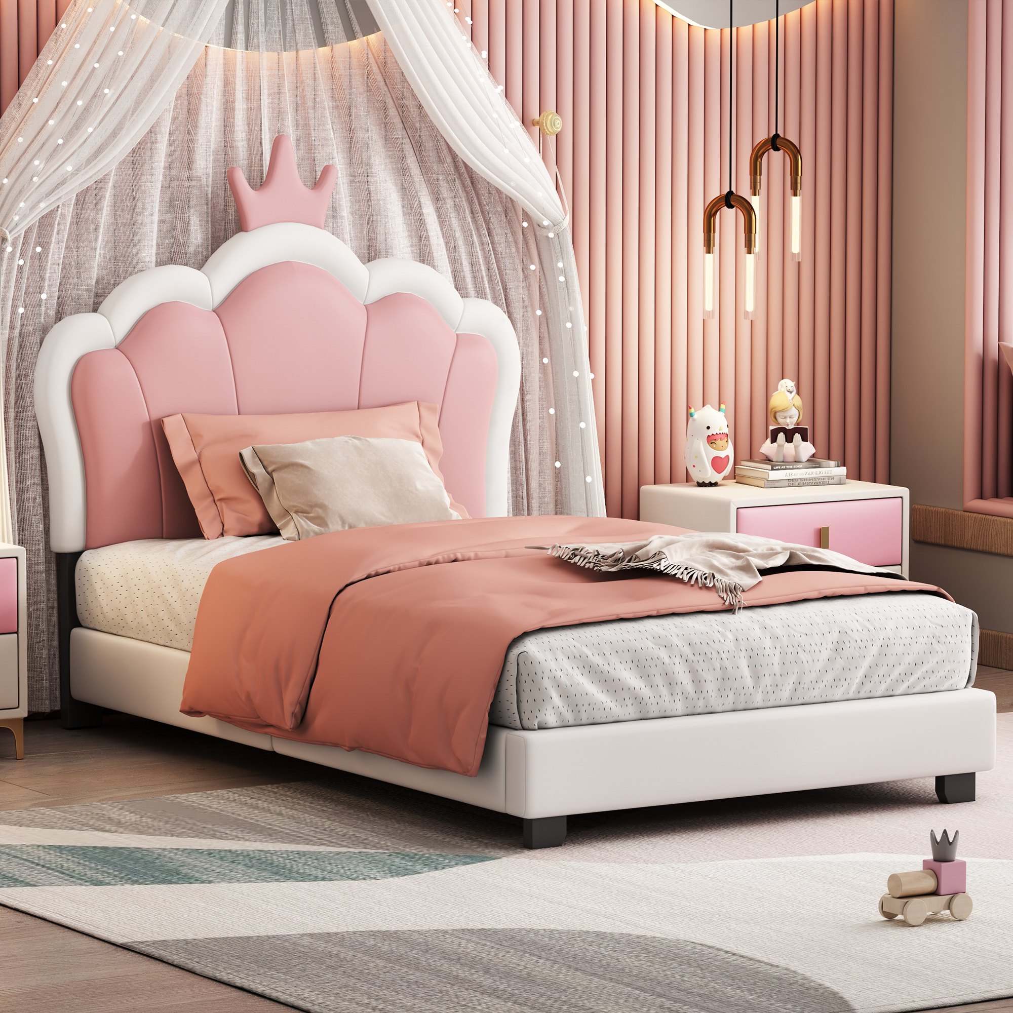 Twin Size Upholstered Princess Bed With Crown Headboard 4 Twin Size Upholstered Princess Bed With Crown Headboard