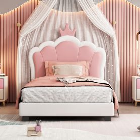 Twin Size Upholstered Princess Bed With Crown Headboard
