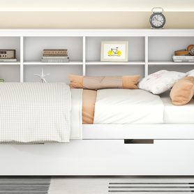 Wooden Twin Size Daybed With Twin Trundle, Storage Shelf and USB Charging Ports 39 Wooden Twin Size Daybed With Twin Trundle, Storage Shelf and USB Charging Ports