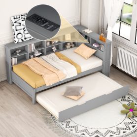 Wooden Twin Size Daybed With Twin Size Trundle, Storage Shelf And USB Charging Ports