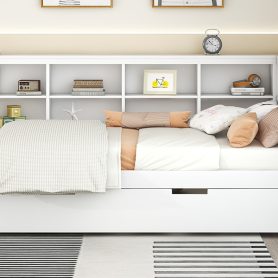 Wooden Twin Size Daybed With Twin Trundle, Storage Shelf and USB Charging Ports 37 Wooden Twin Size Daybed With Twin Trundle, Storage Shelf and USB Charging Ports