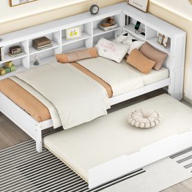 Wooden Twin Size Daybed With Twin Trundle, Storage Shelf and USB Charging Ports 38 Wooden Twin Size Daybed With Twin Trundle, Storage Shelf and USB Charging Ports